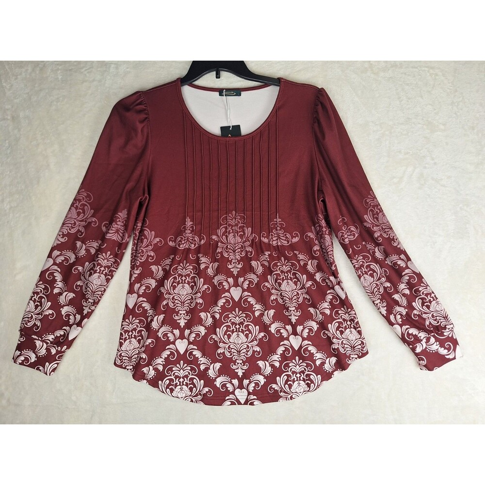 OFEEFAN Stretch Knit Top Womens Large Scoop Neck Pintuck Ombre Detail NWT Scroll